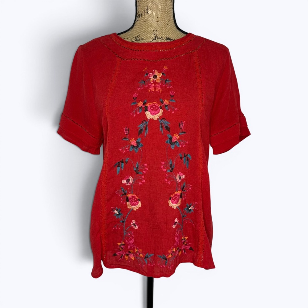 Umgee Floral Embroidered Aya Top Red Textured Boho Chic Peasant Festival Sz M